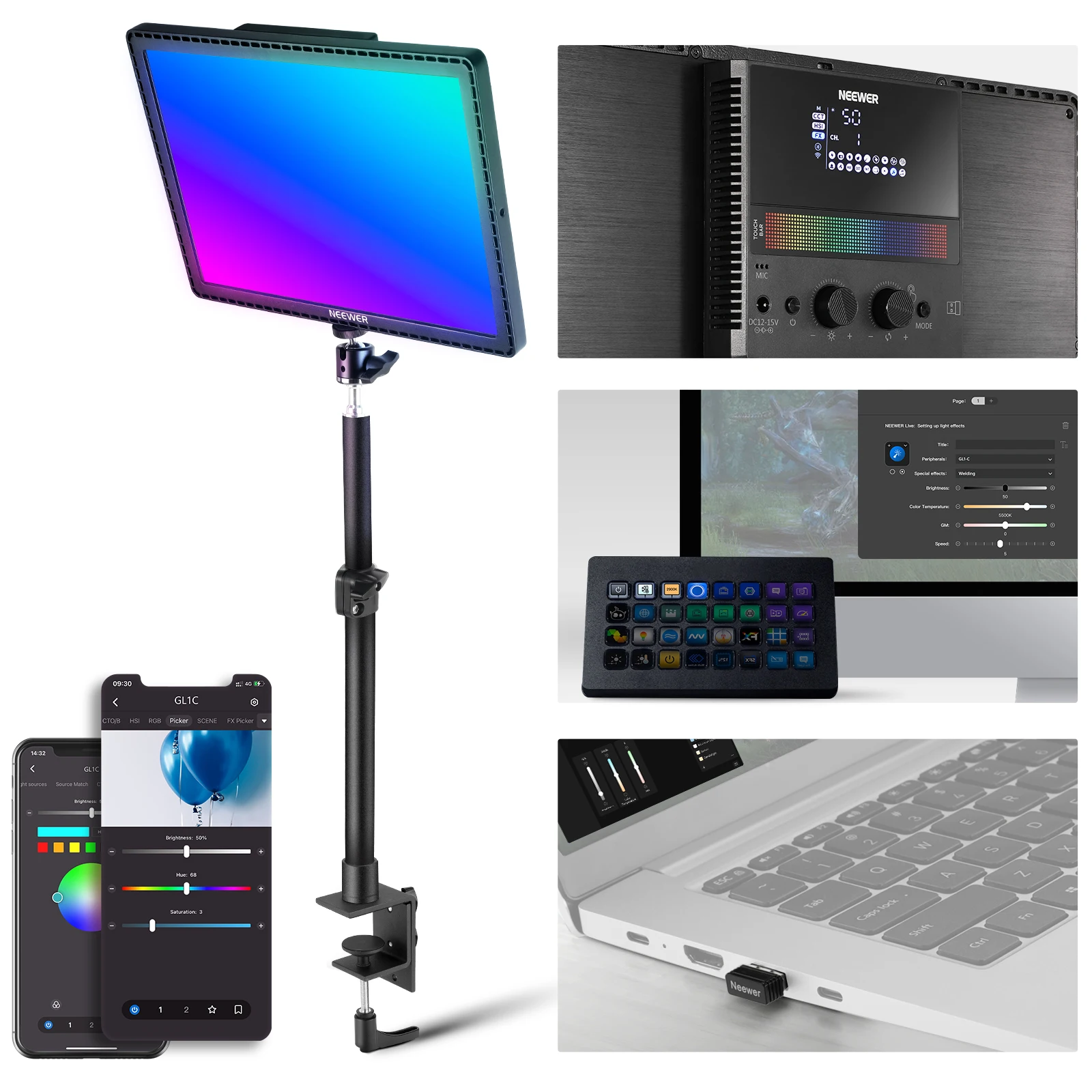 Led Light Panel Stream - NEEWER GL1C RGB 15,5 pouces, panneau